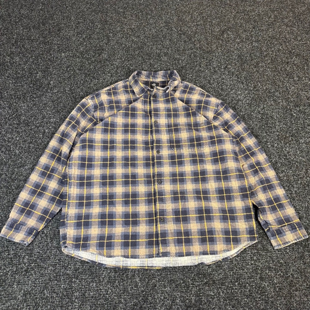 HM Mens Large Oversized Fit Corduroy Plaid Button Down Shirt Blue Yellow L